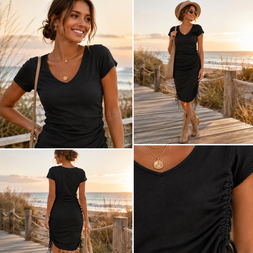 SHEIN Black Ribbed V-Neck Ruched Side Drawstring Midi Bodycon Dress XL
